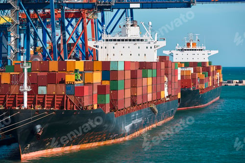 Containers on a vessel. Global market. Cargo shipping. Logistic