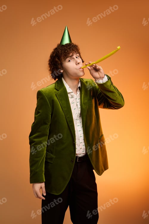Preview: Curly teenager celebrates with a vibrant green blazer and party accessories in studio
