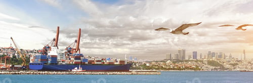 Preview: A large ship is loaded at this port. Sea transportation