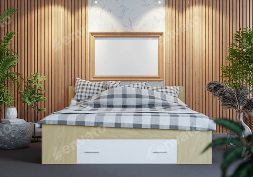 Preview: 3D Modern interior of bedroom with mockup photo frame