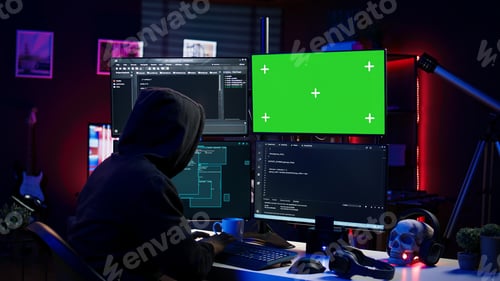 Preview: Evil IT engineer using chroma key PC displays to build script tricking firewalls