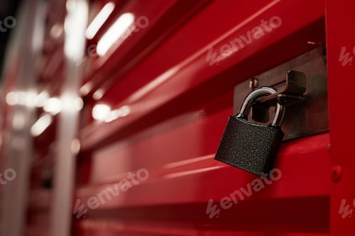 Preview: Padlock on a Bright Red Storage Unit Door