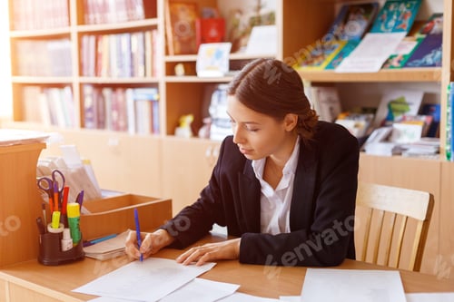 Preview: Office, young business woman signs documents in white shirt sitting at table.