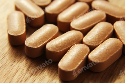 Preview: Closeup high angle shot of bunch of pills on a wooden surface