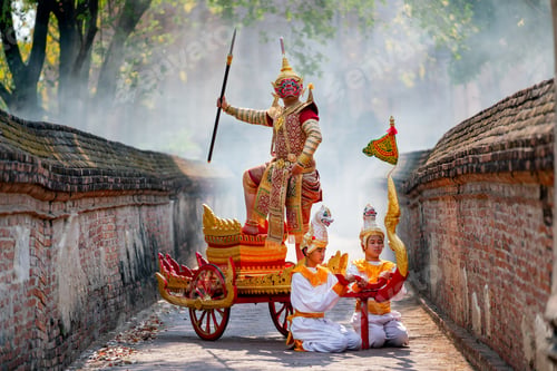 Preview: Khon or traditional Thai classic masked from the Ramakien as character of red giant stand and dance