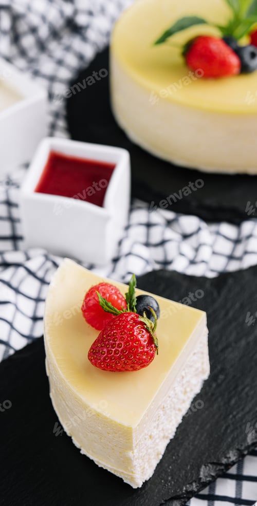 Preview: Fresh strawberry cheesecake on black tray