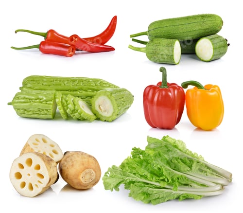 Preview: peppers, lettuce, Sponge Gourd, Momordica, Lotus root on white b