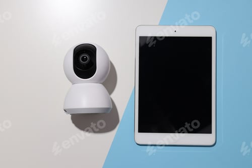 Preview: CCTV camera with a white tablet on the table