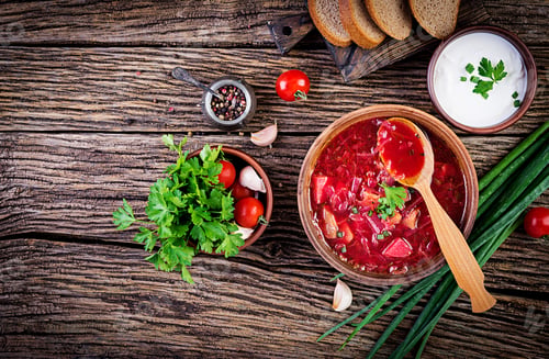 Preview: Traditional Ukrainian Russian borscht or red soup in the bowl. Top view