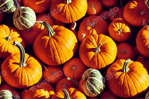 Preview: Colorful pumpkins collection. Autumn background.Happy halloween greeting card in flat lay style.