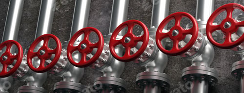 Preview: Industrial pipelines and valves with red wheels on gray wall background. 3d illustration