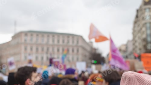 Preview: People with placards and flags on activists protest. Blurred background image.