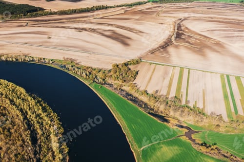 Preview: Aerial View Fields And River Landscape In Sunny Spring Summer Day. Top View Of Nature, Bird's Eye