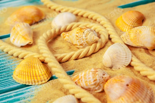 Preview: Sea sand and Sea shells on blue wooden floor
