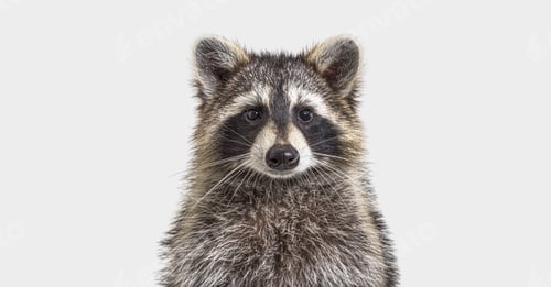 Preview: head shot of a young Raccoon facing at the camera, on grey background
