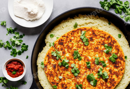 Preview: Gluten free flatbread with roasted chickpeas, cauliflower and avocado dip on a light background,