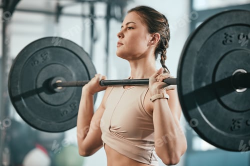 Preview: Gym training, barbell workout and woman doing muscle fitness performance, body strength exercise or