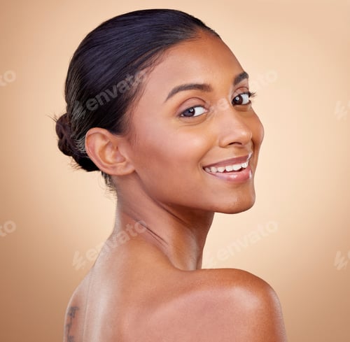 Preview: Portrait, beauty or happy woman with natural facial glow with dermatology skincare cosmetics in stu