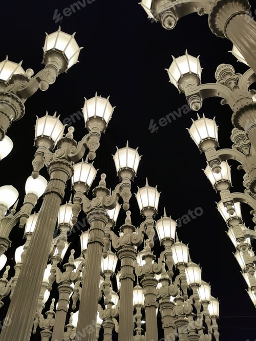 Preview: Low angle of urban lights in Los Angles, California, USA at night