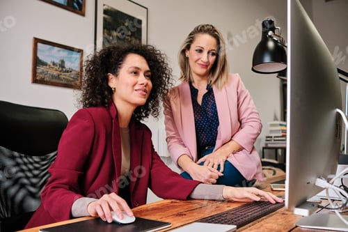 Preview: Female coworkers using computer while working together in the office.