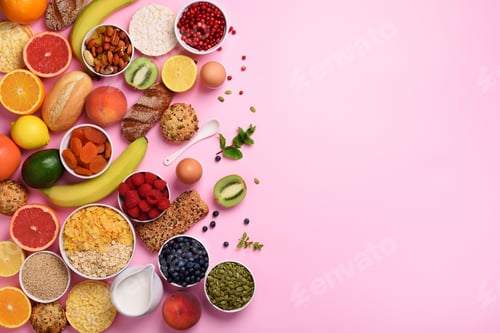 Preview: Organic food frame. Healthy breakfast ingredients. Oat and corn flakes, eggs, nuts, fruits, berries