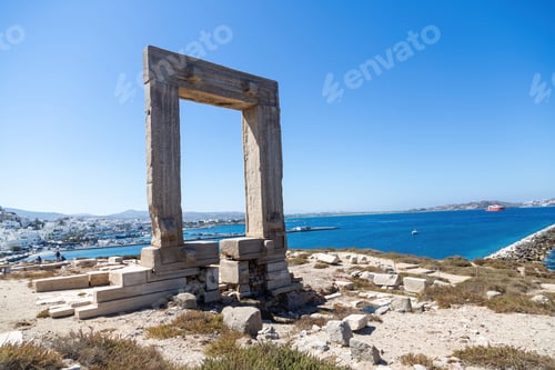 Preview: Naxos island, Temple of Apollo on islet of Palatia, Cyclades Greece. Sea, harbor, sky background.