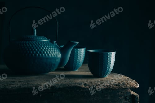 Preview: Teapot and cup of tea on wooden background