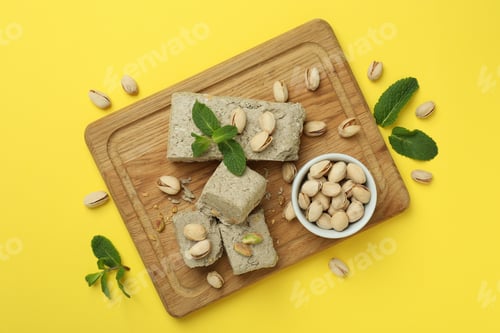 Preview: Concept of tasty food with halva on yellow background