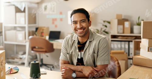 Preview: Portrait of happy man, small business or boxes for commerce, startup or inventory in shop. Entrepre