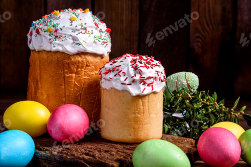 Preview: Easter cake and colorful eggs on a dark background