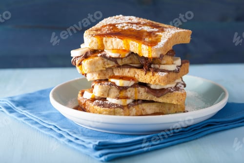 Preview: french toasts with banana chocolate sauce and caramel for breakf