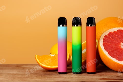 Preview: Three electronic cigarettes with citrus fruits on orange background
