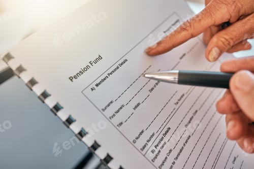 Preview: Hand, pension document and pen for writing, sign and point for help, guide and financial advisor wi