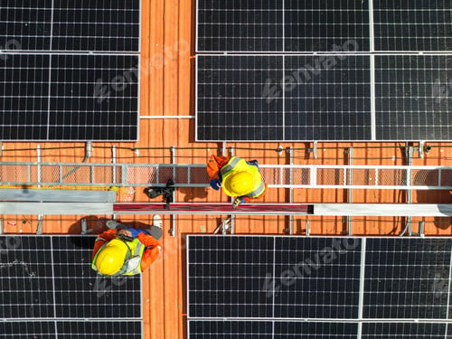 Preview: engineer man inspects construction of solar cell panel or photovoltaic cell at roof top