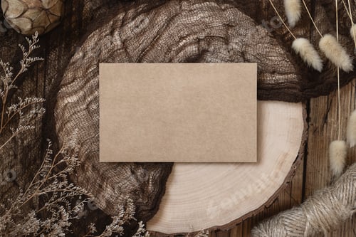 Preview: Blank paper card on a wooden table with dried plants