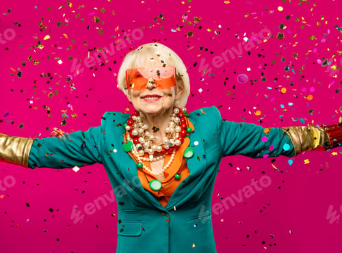 Preview: Cool and stylish senior old woman with fashionable clothes