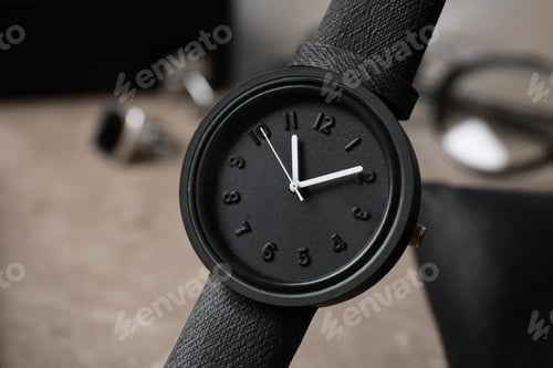 Preview: Stylish wrist watch on blurred background. Time management