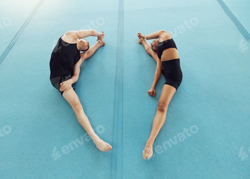 Preview: Gymnastics, fitness and people training in a gym stretching and preparing for a competition. Active