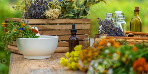 Preview: Medicinal herbs and natural tinctures. Selective focus.