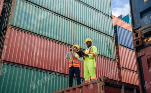 Preview: Foreman checking inventory or task details at Container cargo harbor.
