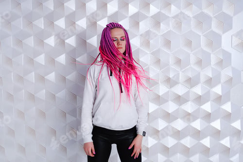 Preview: Beautiful woman with pink hair in white hoodie over futuristic background.