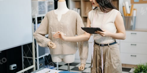 Preview: fashion designer. Attractive woman with smile while standing in workshop. Beautiful owner woman