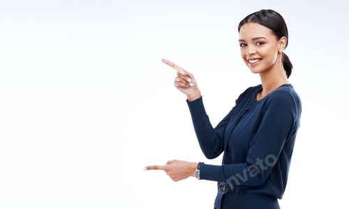 Preview: Happy woman, studio portrait mockup and pointing at sales promotion, advertising space or discount