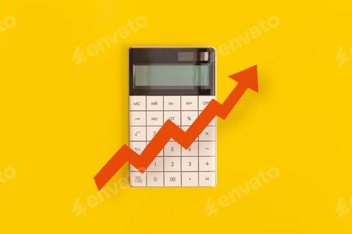 Preview: Calculator, graphs, arrow on yellow background. Financial development, Banking Account, Statistics