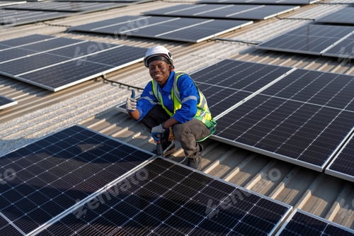 Preview: Engineer on rooftop sitting next to solar panels photo voltaic smiling portrait