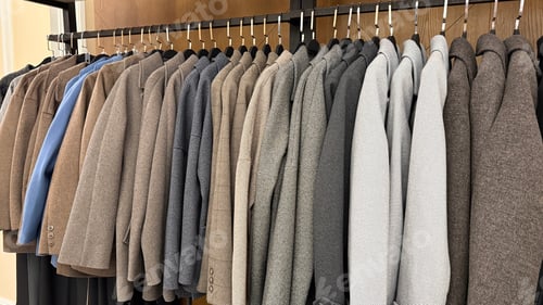Preview: Row of neatly arranged business suits in various shades hanging on clothing rack background