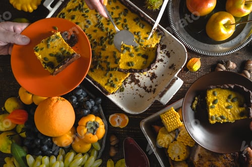 Preview: American Thanksgiving Day, chocolate pumpkin pie, fruit