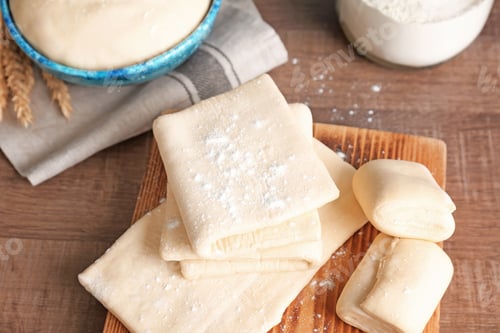Preview: Fresh raw dough on wooden board, closeup