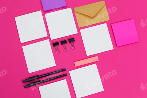 Preview: mock up concept. cards Papers on pink background. Top view, flat lay, copy space
