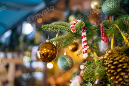 Preview: Closeup of Christmas tree decorations new year background